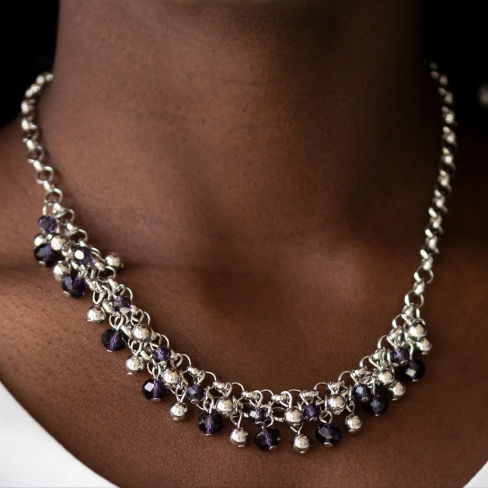 Paparazzi Trust Fund Baby Purple and Silver Beaded Necklace Earrings Set New